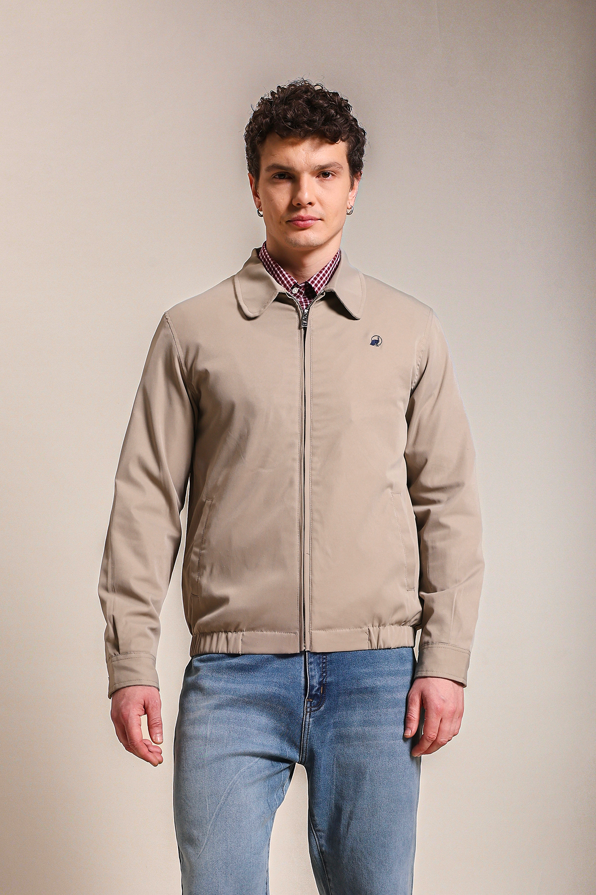 Cotton Twill Spread Collar Biege Jacket With Embroidery