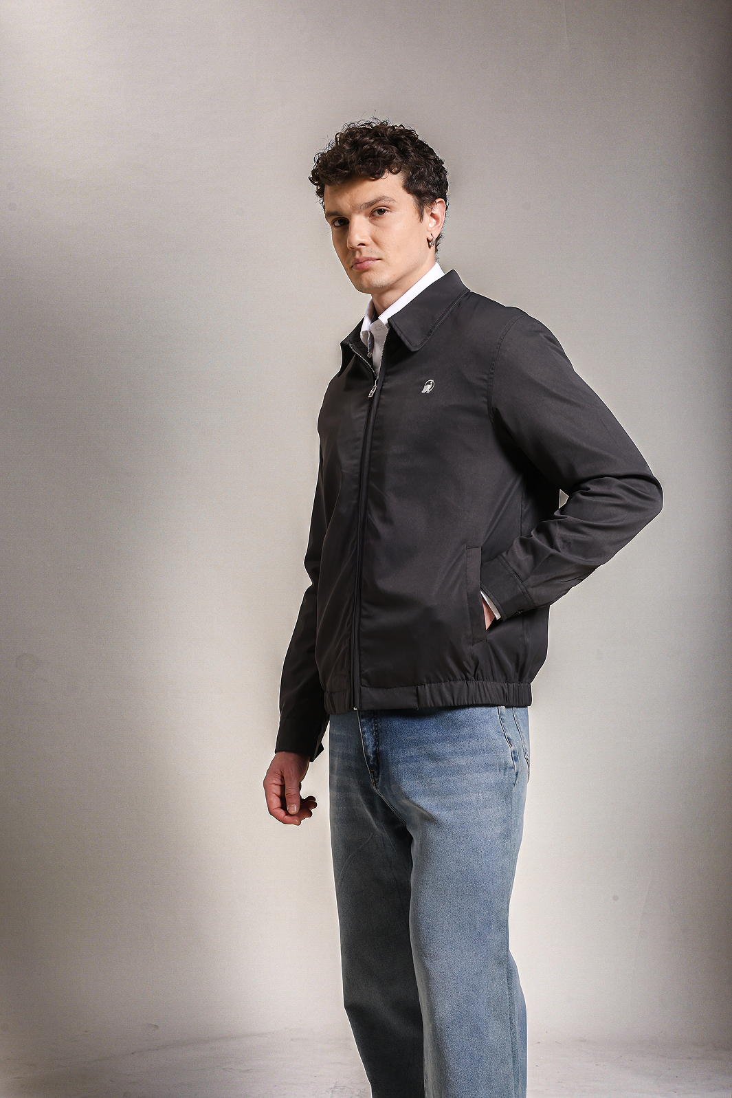 Cotton Twill Spread Collar Night Grey Jacket With Embroidery