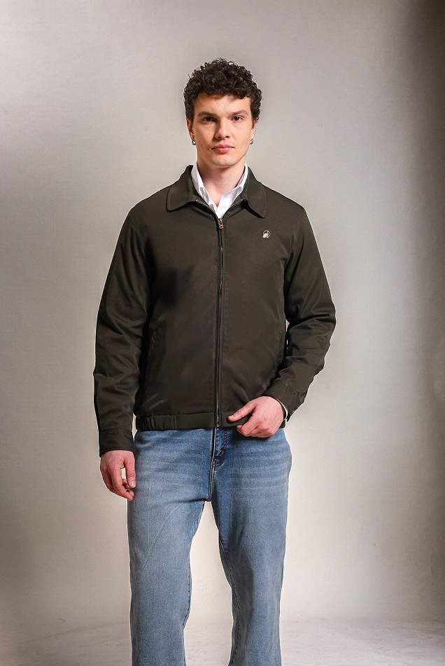 Cotton Twill Spread Collar Forest Green Jacket With Embroidery