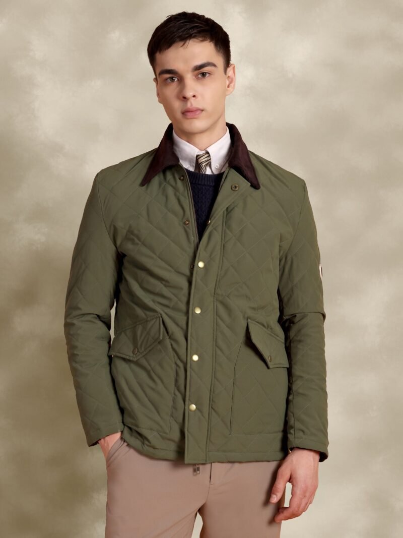 Tagore Jacket- Olive Green Slim Fit Quilted Jacket With Corduroy Collars