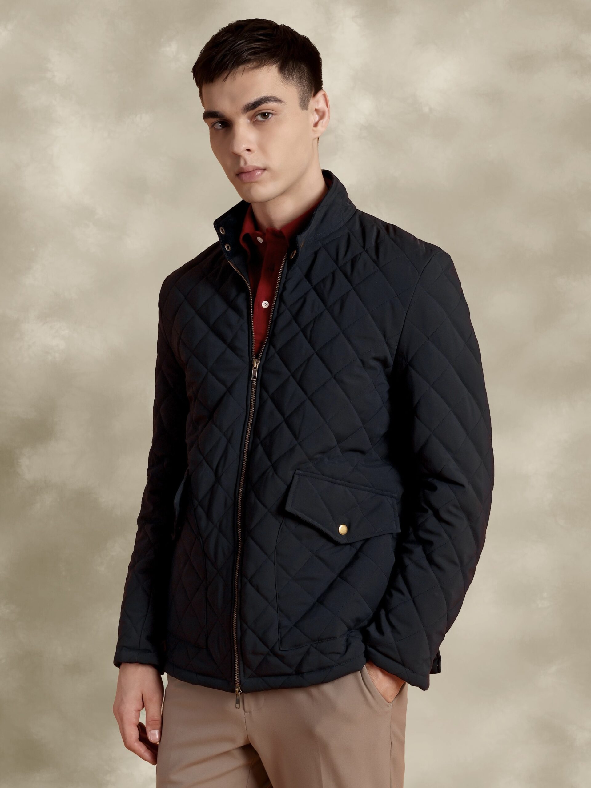 Tagore Jacket- Blue Slim Fit Quilted Jacket With Corduroy Collars